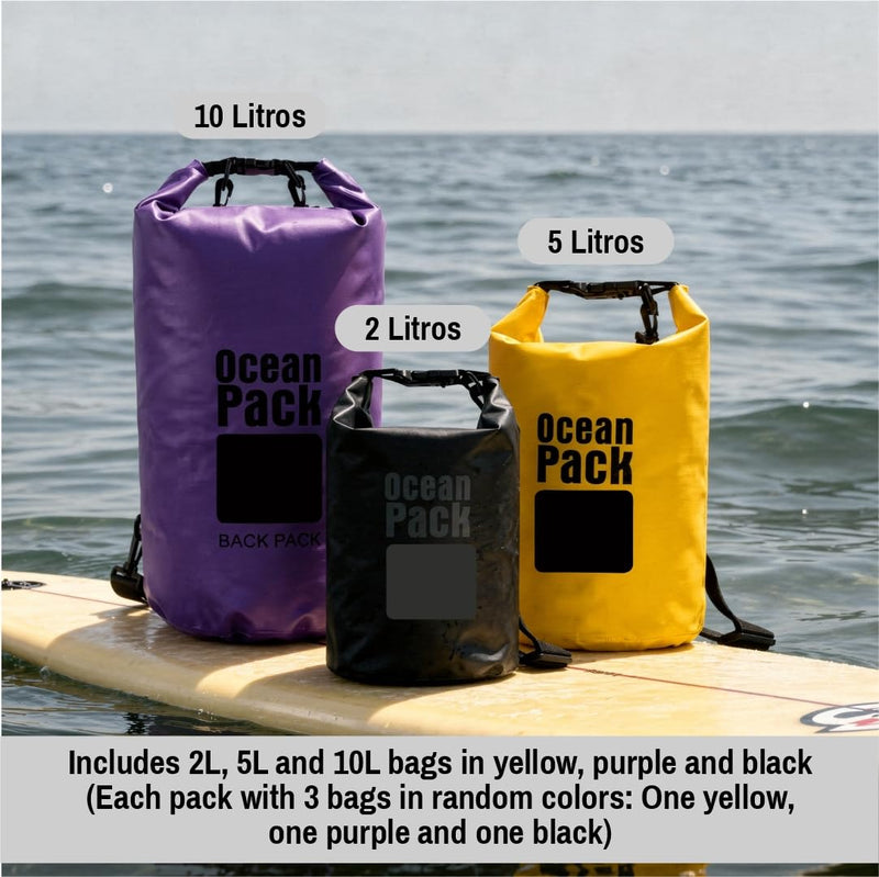 Waterproof Dry Bag Set of 3 – Roll Top Waterproof Bags 2L 5L 10L – 500D PVC Floating Dry Bags for Kayaking, Camping, Beach and Travel – Lightweight Compression Design Yellow, black, purple