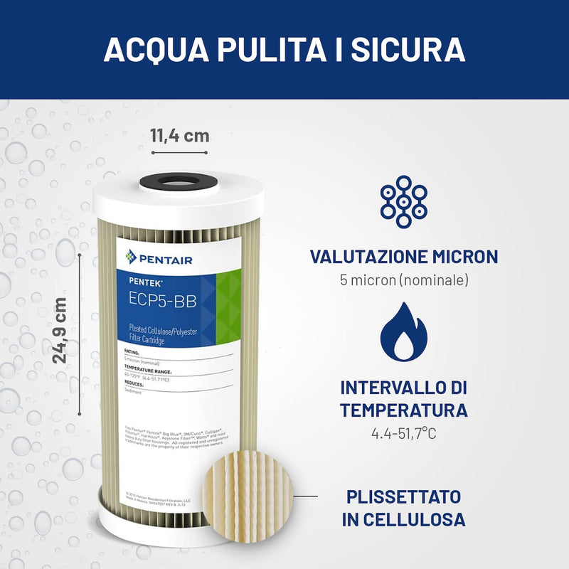 Pentair Pentek ECP5-BB Big Blue Sediment Water Filter, 10-Inch, Whole House Heavy Duty Pleated Cellulose Polyester Replacement Cartridge, 10" x 4.5", White End-Cap, 5 Micron Pack of 1