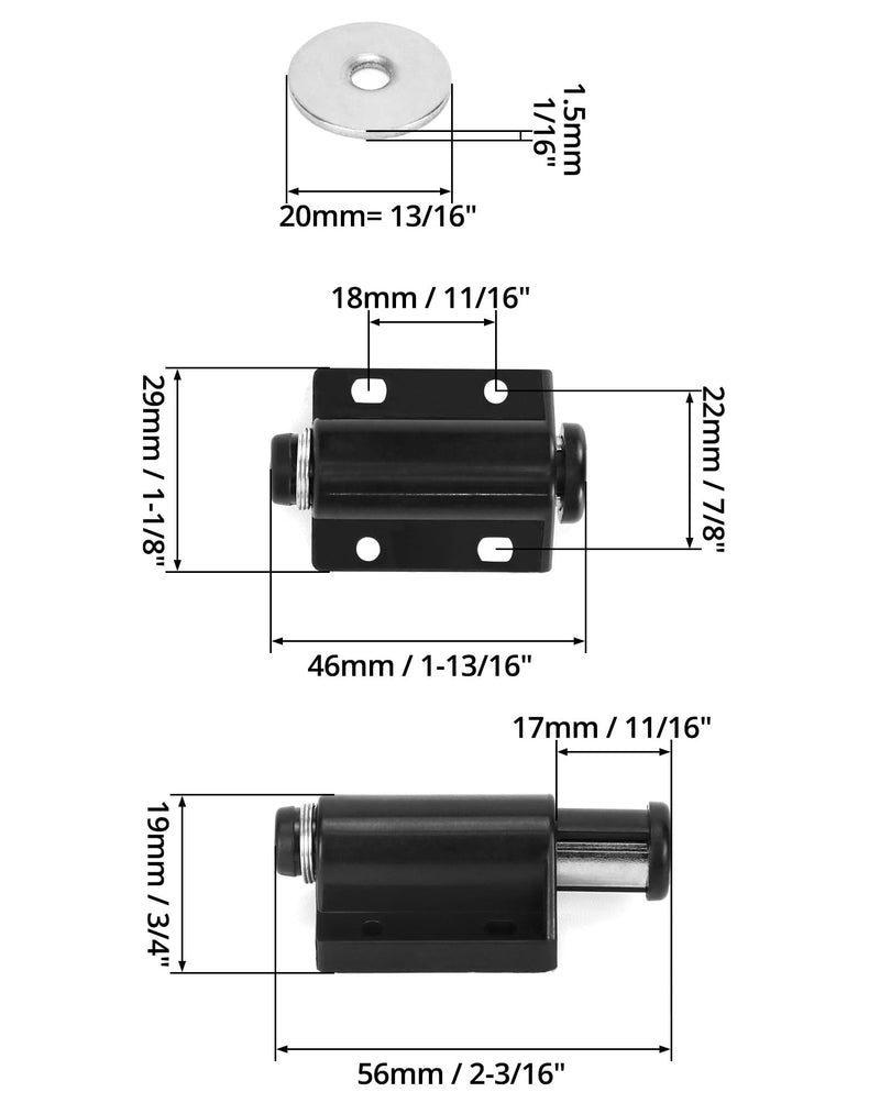 QWORK Magnetic Touch Latch -20 Pack Black Push-to-Open Magnetic Catches for Home Furniture, Glass & Wardrobe Doors, Single Round Magnetic Head - 56mm Extended Length with Mounting Screws