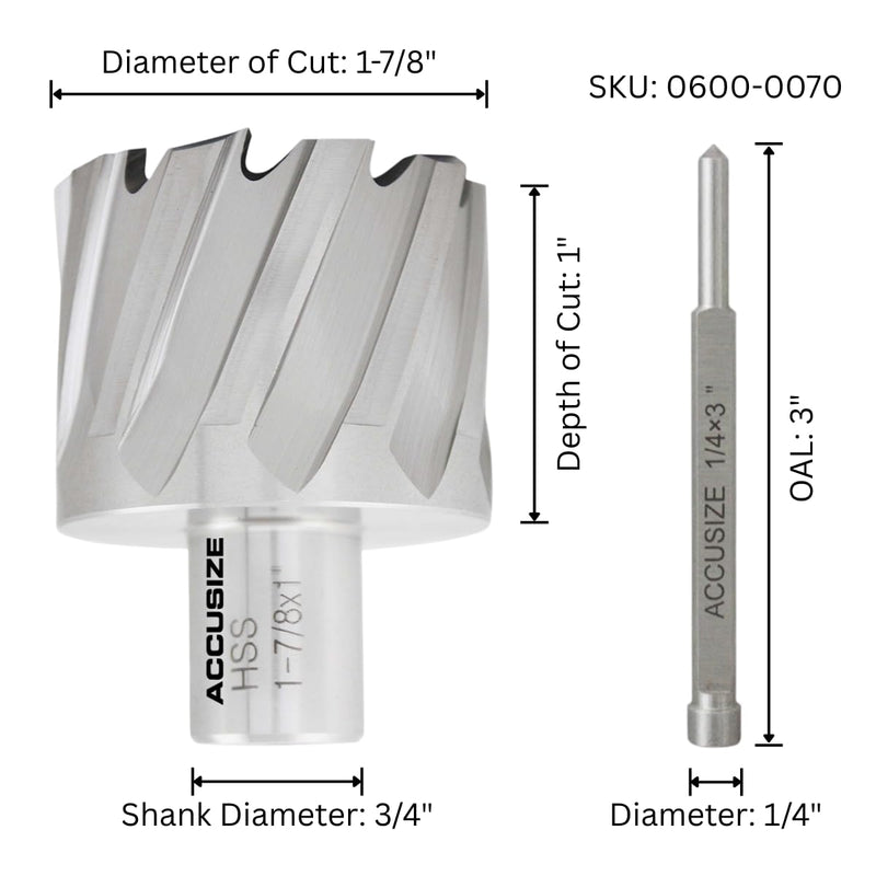 Accusize Industrial Tools Hss Annular Cutter 1-7/8'' by 1'' Cutting Depth in Strong Box with 1 Pc Pilot Pin 1/4'' by 3'', 2080-2035pin | CBN Ground HSS Cutter With 3/4 in Weldon Shank and 1/4 in x 3 in Pilot Pin for Steel, ANSI Standard