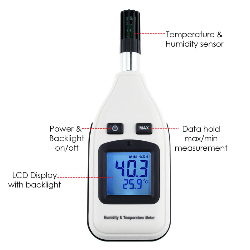 Digital Humidity 0~100% RH and Temperature Meter, 30~70°C, MAX/MIN Hold, Handheld Portable with LCD Backlight