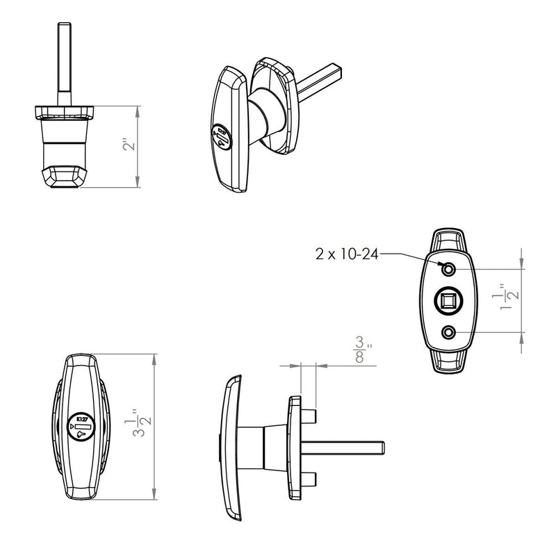 Gordon Glass Co. T-323T Matching T-Handles Lock Set | Keyed with Key K127 | Shaft 2 Inch Total Length, 1/2 in Thread on end | Primarily Used by Leer and Century Fiberglass Truck Caps.