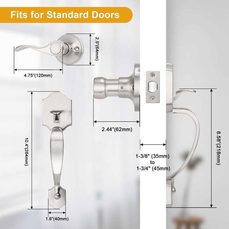 Probrico Satin Nickel Heavy Duty Front Entry Handleset, Passage Lock Grip Handle with Wave Lever Keyless Door Locks, Interior and Exterior Entrance Door Handle with Reversible Handed Lever,1Pack 1