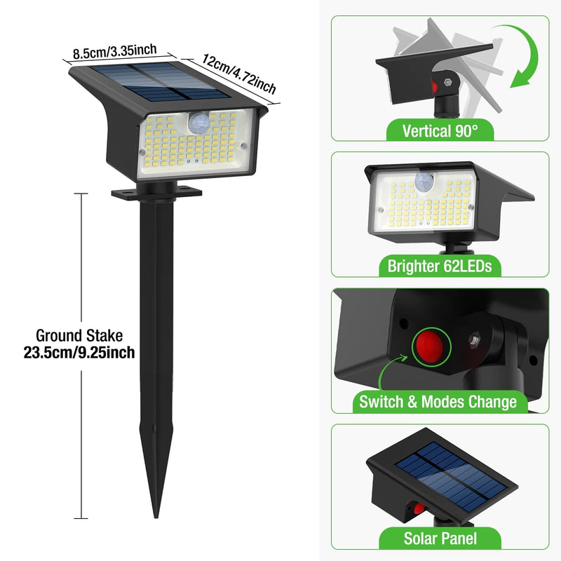 nipify Solar Spot Lights Outdoor, 3 Pack/62 LED Solar Motion Sensor Lights Outdoor Waterproof, 3 Modes Solar Powered Landscape Spotlights 2-in-1 for Outside Yard Wall Garden, Cool White