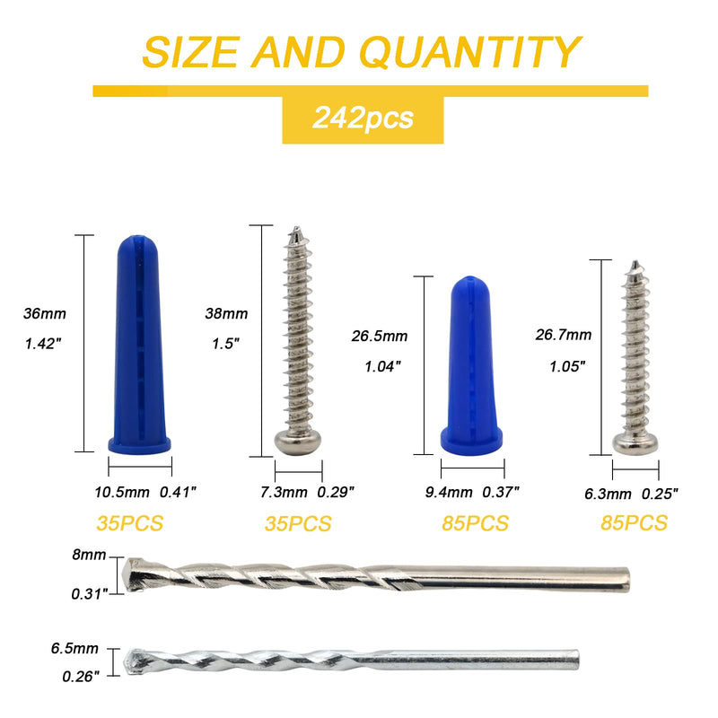 Conical Concrete Wall Anchors and Screws Kit,240 Pcs Wall Anchors and Self Tapping Screw with 2 Pcs Masonry Drill Bits,for Stucco Concrete Masonry Brick Wall.