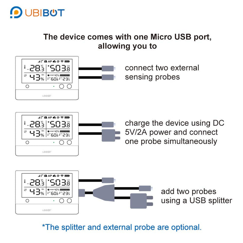 UbiBot TH30S-B External Temperature and Humidity Probe, Temperature Humidity Sensor Combined in one Probe, Monitor -40 to 80 C,0 to 100% RH, Micro USB Connector,(Matches with Our WS1 Pro Device only)