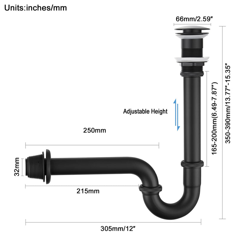 Sink Stopper U Trap Set, Brass Construction U-Shape 1-1/4 inch Slip Inlet Drain, Sink Drain Stopper Set NO Overflow, US/CA Standard, Pls Measure ur Sink Hole Size Before Order, Matte Black U-Stopper NO Overflow 03-black