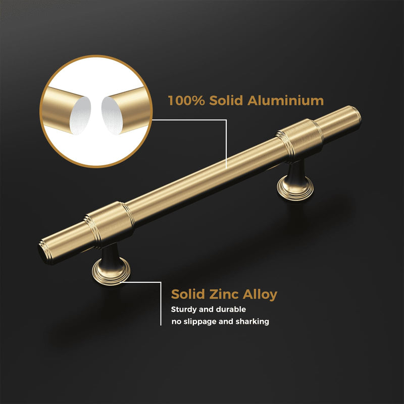 Haliwu 10 Pack Brushed Brass Cabinet Pulls, 5 Inch Hole Center Drawer Pulls, Gold Handles, Zinc & Aluminum Alloy Brushed Finish, Hardware for Bathroom and Kitchen, Two Gold Colors 5 inch (128mm) hole spacing