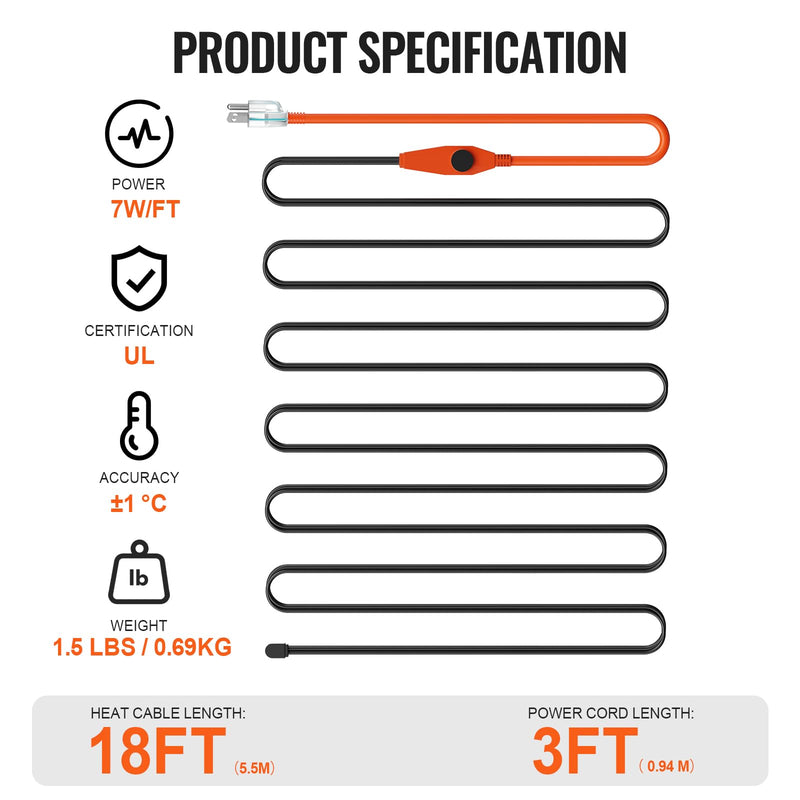 VEVOR Pipe Heating Cable, 18-feet 7W Heat Tape for Pipes with Built-in Thermostat, Protects PVC Hose, Metal and Plastic Pipe from Freezing, 120V 18FT