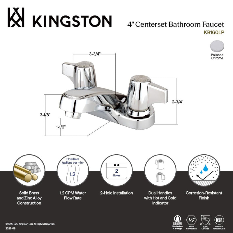 Kingston Brass KB160LP Vista Twin Canopy Handles 4-Inch Centerset Lavatory Faucet without Pop-Up, Polished Chrome