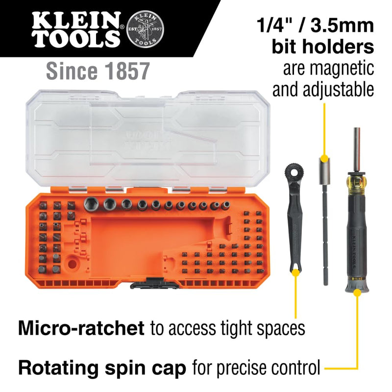 Klein Tools 32787 64-Piece Micro-Ratchet Bit Precision Driver Set with Modular Case, Magnetic, Precision, Standard Bits and Nut Drivers 64-Piece Set w/Ratchet