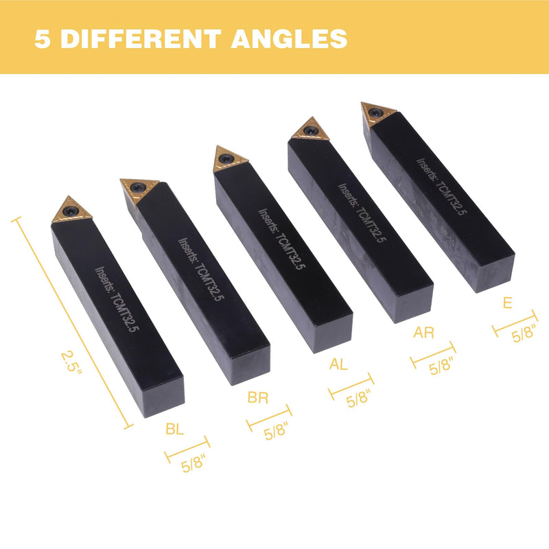 Oal 5 Pc 5/8" Indexable Turning Tool Set with TCMT Carbide Inserts… 5/8 in
