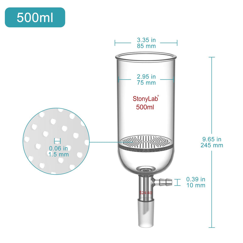 stonylab Glass Buchner Filtering Funnel, Borosilicate Glass Plate Filter Funnel with 10 mm Hose Connection and 24/40 Standard Joint for Filter Test, 500 ml 500.0 Milliliters Column 1 BB-Buchner-FilterFunnel-ALL