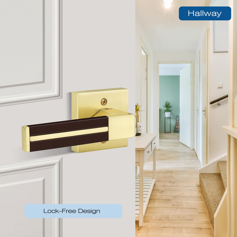 EHOMEWARE 1 Pack Gold Door Lever with Bronze Leather Handle, Brass Interior Door Handle Passage Door Lever for Hallway Closet, Heavy Duty Door Knob with Universal Handling Passage Door Handle - No Key