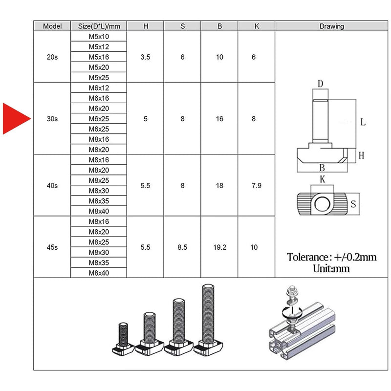M6 x 16mm Metric Thread T Slot,Drop-in Stud Sliding T-Bolt,Hammer Head Bolt,T Screw Stud for 3030 Series Standard 8mm T-Slot Aluminum Extrusion Profile,Carbon Steel Nickel Plated (30-Series,10 Pcs) 30-M6x16mm（10 Pcs）