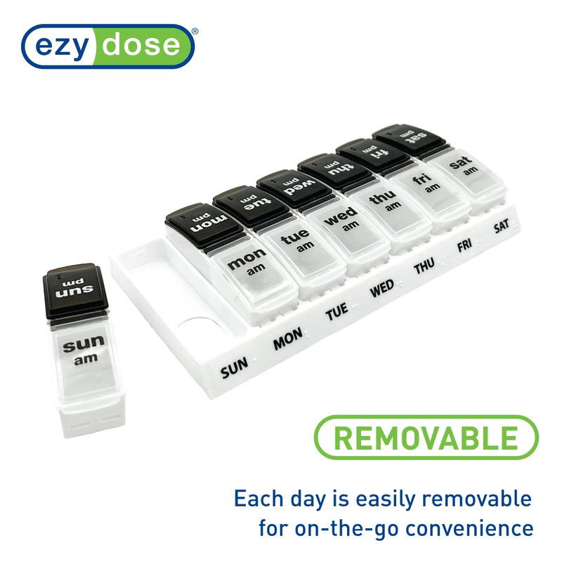 EZY DOSE Weekly (7-Day) Daily AM/PM Pill Case, Medicine Planner, Vitamin Organizer, Supplement Container, Large Pop-Out Compartments, Designed for Travel 2 Times a Day, Black and White Lids Black and Natural