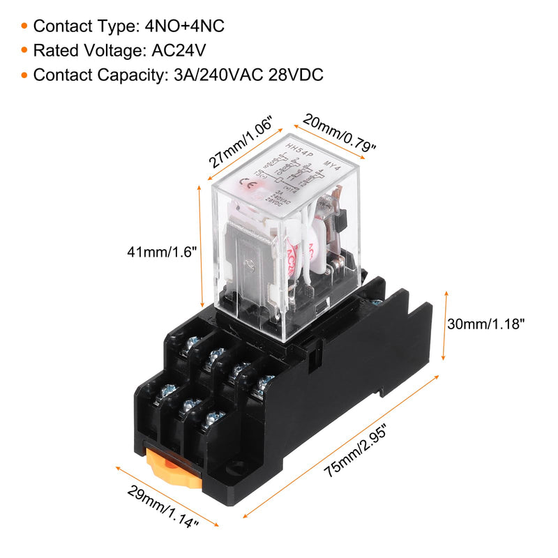 MECCANIXITY 2Pcs AC 24V Electromagnetic Power Relay, 14-Pin 3A Power Coil Relay with LED Indicator and Socket Base DPDT 4NO 4NC - MY4NJ for Industrial, Home Appliances and DIN Rail System 4NO-4NC AC24V