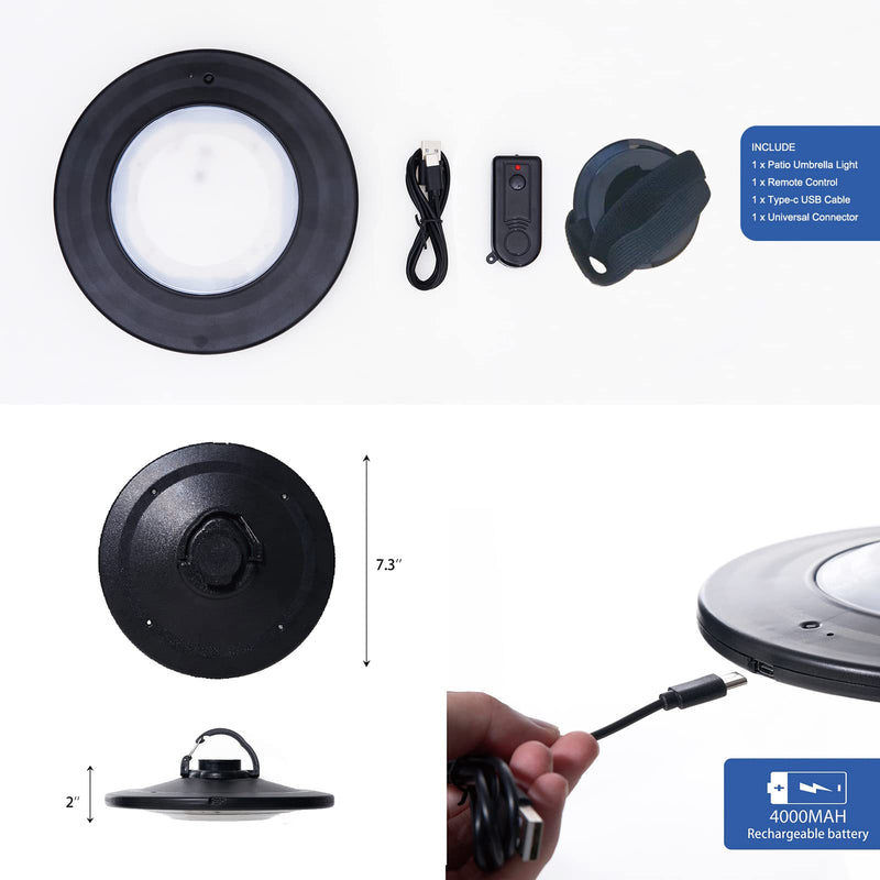 Umbrella Lights with Remote Rechargeable Battery Operated Patio Cantilever Umbrella Lights with 3 Brightness Modes, 3 Colors Warm Neutral Cold, for Offset Patio Umbrella in Outdoor & Garden