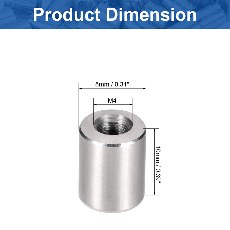 MroMax 10Pcs M4 Round Connector Nuts, 304 Stainless Steel Rod Coupling Nuts 10mm/0.39" Length Female Thread for Camera Pan, Lamp Bracket, Glass Folding Dining Table Silver M4 x 10mm x Φ8 10