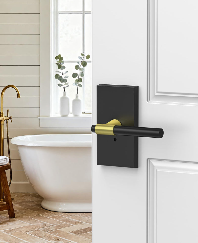 Black and Gold Door Handles Interior with Lock, Zinc Alloy Rectangular Modern Privacy Lever Door Knobs Interior for Bathroom Bedroom, Left or Right-Handed,1 Pack 1