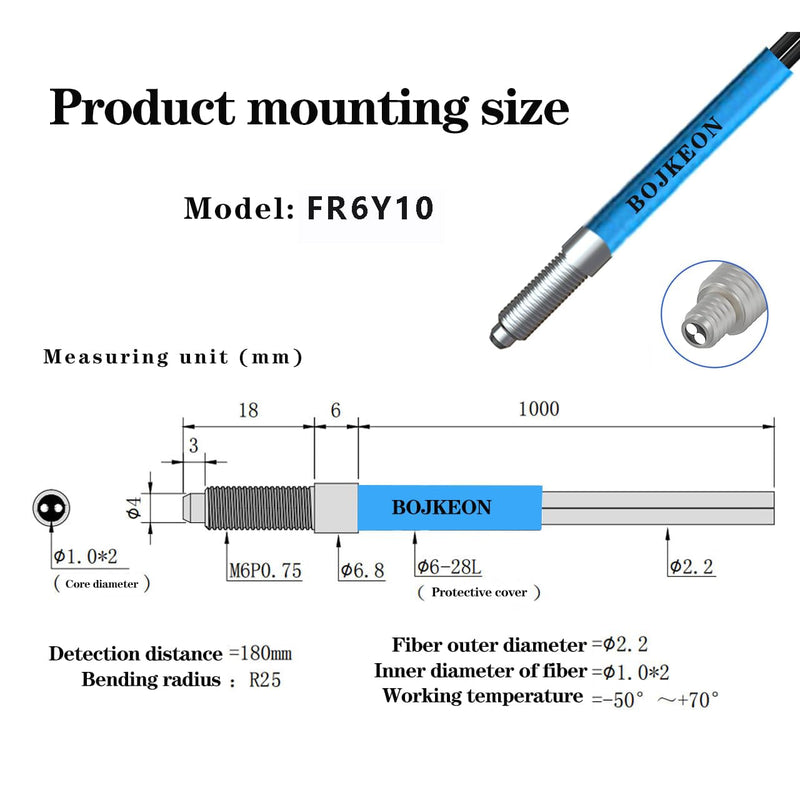 FR6Y10 Fiber Optic Sensor,Diffuse Reflective Digital Fiber Optic,1000mm Line Length,M6 Probe Sensor，Detection Distance 0-70MM FR6Y10 (M6)