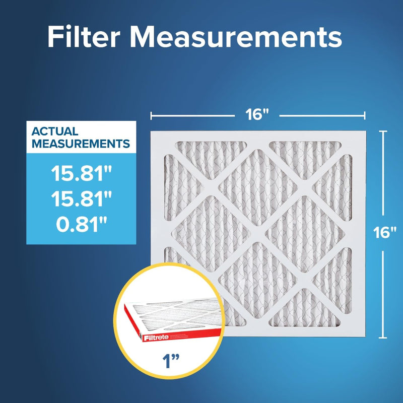 Filtrete 16x16x1 AC Furnace Air Filter, MERV 11, MPR 1000, Micro Allergen Defense, 3-Month Pleated 1-Inch Electrostatic Air Cleaning Filter, 2 Pack (Actual Size 15.81 x 15.81 x 0.81 in)