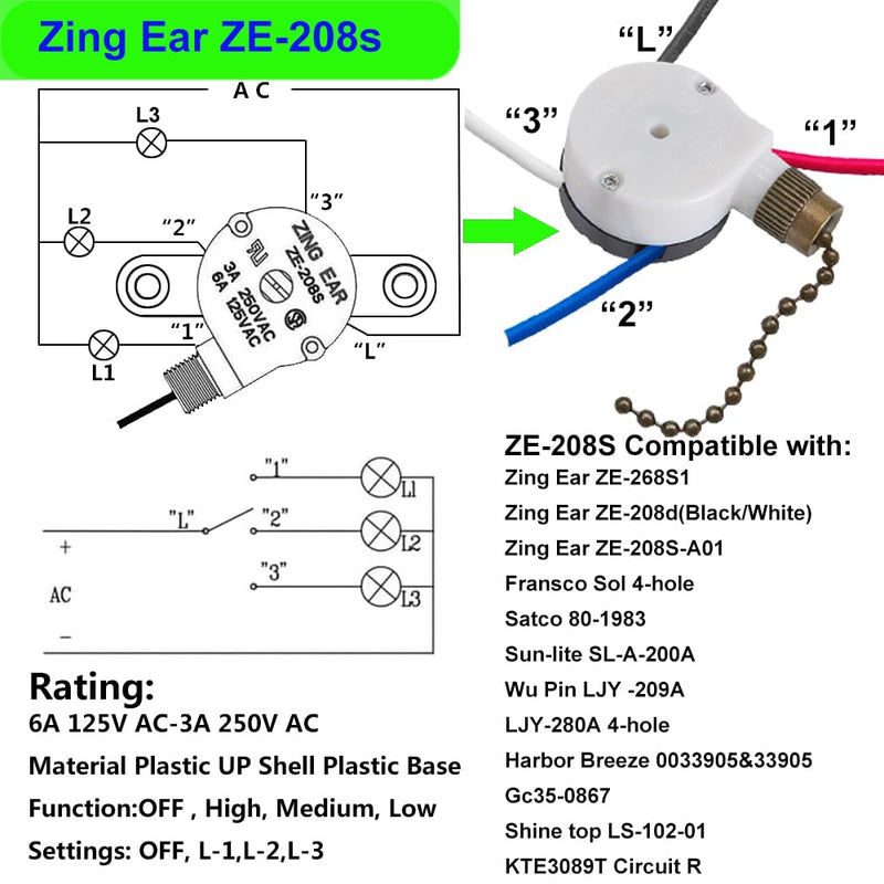 Ceiling Fan Switch Zing Ear ZE-208s E89885 with 4 Pre-Installed Wires 3 Speed 4 Wire Pull Chain Switch Fan Light Switch Replacement Part (Bronze Chain)