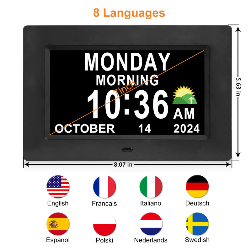 Digital Calendar Dementia Alarm Clock with Day and Date for Elderly - 15 Alarms 5 Colors Display Large Display Alzheimers Clock Large Digital Clock for Seniors (7in Black) 7''black