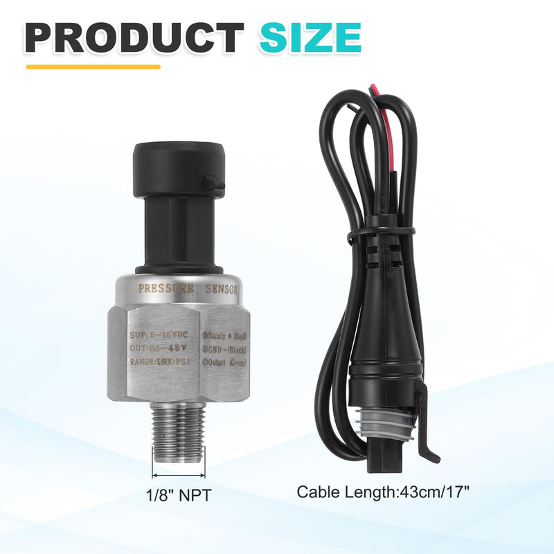 MECCANIXITY Pressure Transducer Sender Sensor with Connector, 1/8" NPT 1600 PSI Stainless Steel Pressure Transmitter for Oil Fuel Water Air