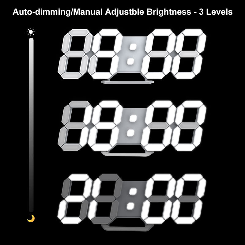 Deeyaple LED Clock, 3D Digital Wall & Desk Alarm Clock with Snooze, Dimmable Display, Time Memory, 12/24H Date & Temperature, Remote Control Night Light for Bedroom, Office, Kitchen, Home (White) White