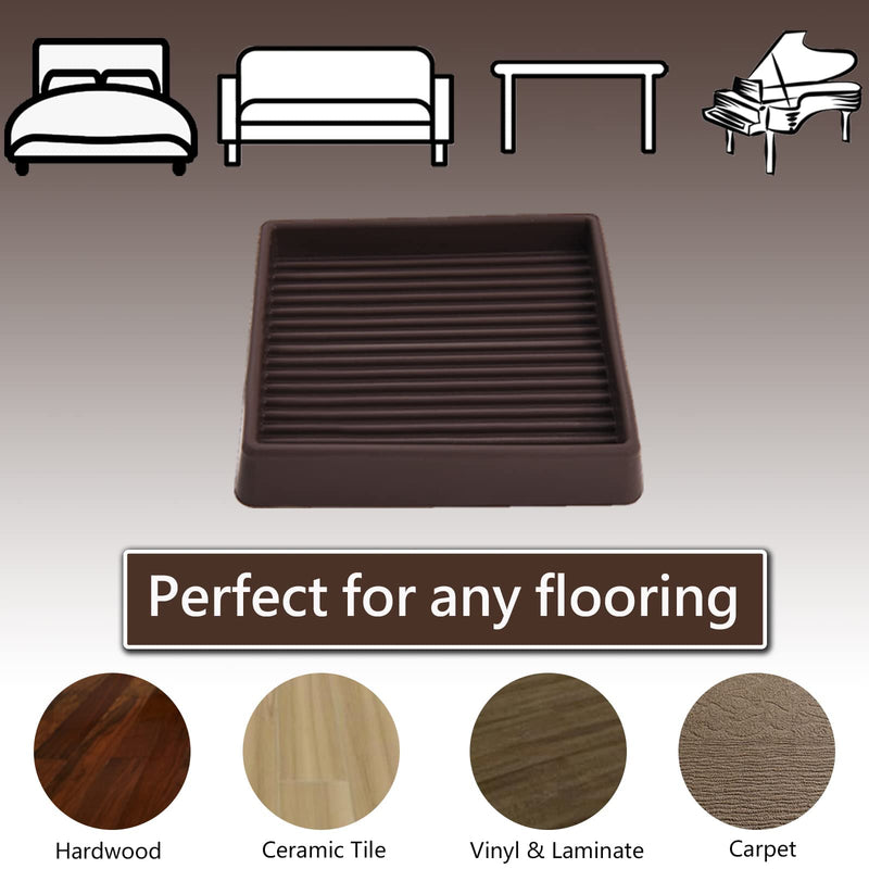 3x3 Square Rubber Furniture Caster Cups, Anti-Sliding Furniture Pads Bed Stopper Floor Protectors with Grip - Protect Any Flooring 3"x3" 4 Pcs Bronwn