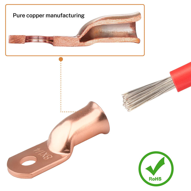 Sanuke 120Pcs AWG 8 6 4 2 Copper Wire Lugs with Heat Shrink Set, 60Pcs Heavy Duty Battery Cable Closed End Tubular Ring Terminals Connectors with 60Pcs Heat Shrink Tubing Bare Copper-120Pcs