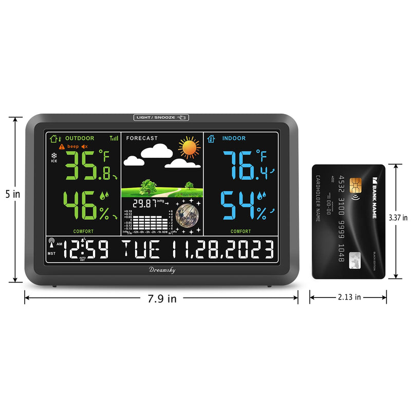 DreamSky Weather Station Indoor Outdoor Thermometer Wireless with Digital Atomic Clock for Home, Large Display with Dimmer, USB Port, Inside Outside Temperature Humidity Monitor (Adapter Powered) Black (Plug-in)