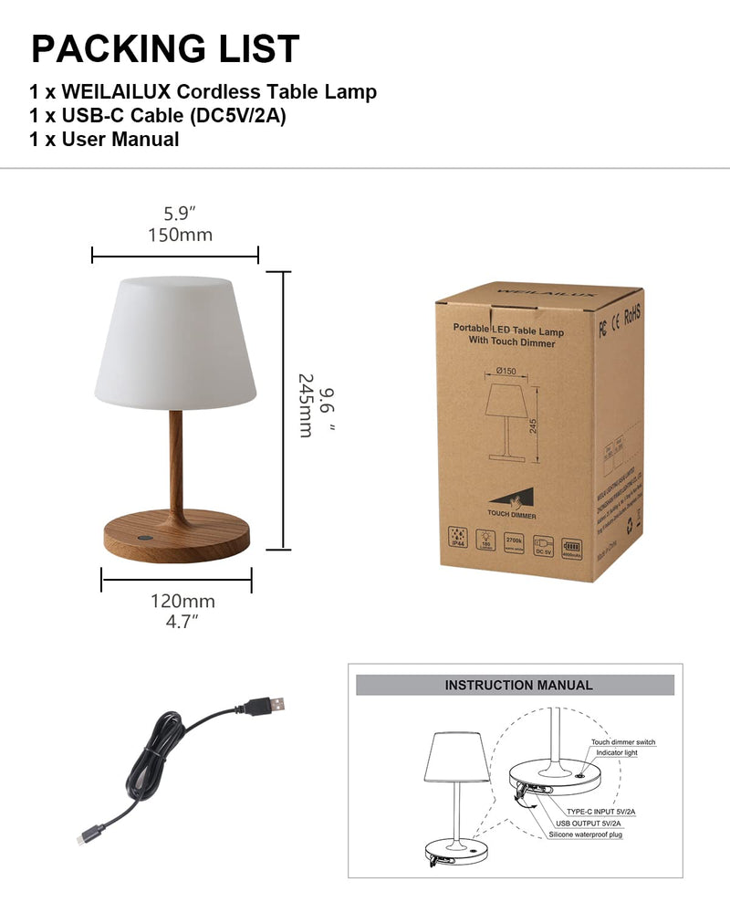 Outdoor Battery Operated Table Lamp Waterproof, 4000mAh Cordless Rechargeable, Touch Dimmable Desk Lamp, LED Night Light for Patio Camping Restaurant Home, H9.6in, Wood Grain 9.6in