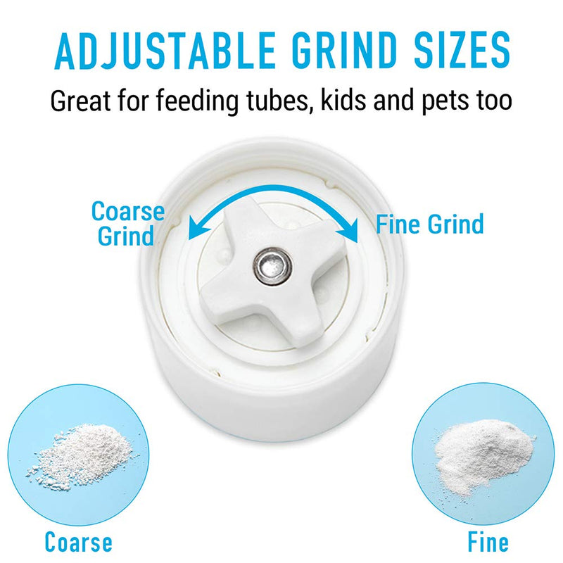 Pill Grinder Pill Crusher – Easily Crushes Multiple Tablets or Vitamins into Fine Powder at Once (Extra Jar Included) - Great Pulverizer for Feeding Tube, Kids, Pets and Arthritis