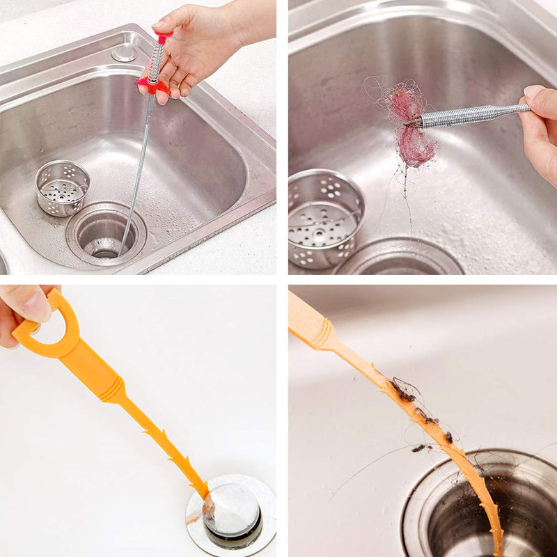 Omont Snake Drain Hair Clog Remover Tool, 34 Inch Stainless Steel Claw and 3 Pack 19. 7 Inch Plastic Sink Unclogger Tool, Sink Drain Cleaner Tool for Kitchen, Sink Bathroom, Tub Toilet Orange (3+1) Orange 3pcs Sink Snake+Steel Claw