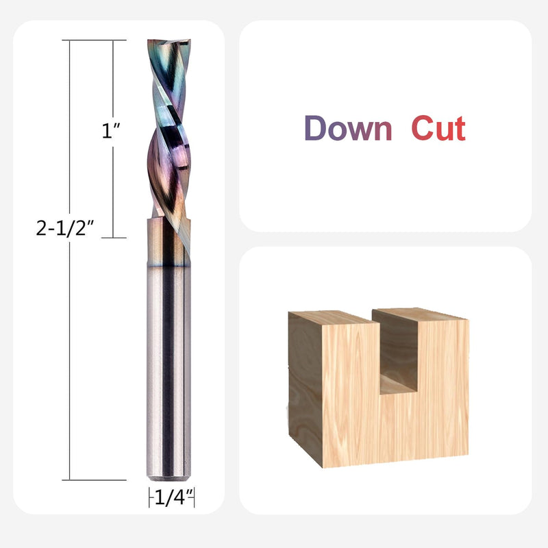 SpeTool 2-Piece Downcut Spiral Router Bits, 1/4 Inch Shank 1/4 Inch Cutting Diameter 1 inch Cutting Length , Extra Long Life Coating CNC Router Bits End Mill for Wood Carving Mortise Slot down cut&2-1/2" Length