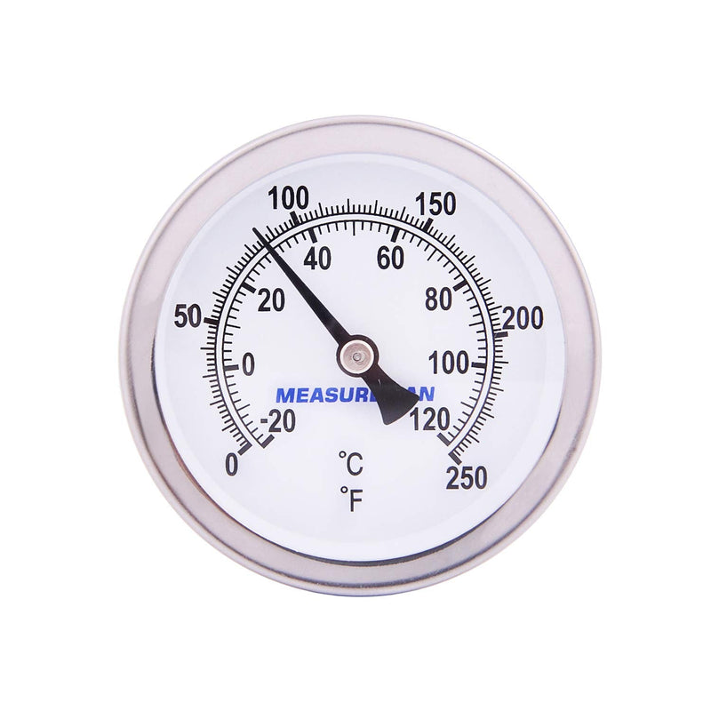 MEASUREMAN Hot Water Bi-Metal Thermometer, 2-1/2" Dial, 1-3/4" Lead-Free Brass Stem, Range 0-250 deg F/-20-120 deg C, 2% Accuracy, Adjustable, 1/2" NPT Back Mount 1-3/4" Stem