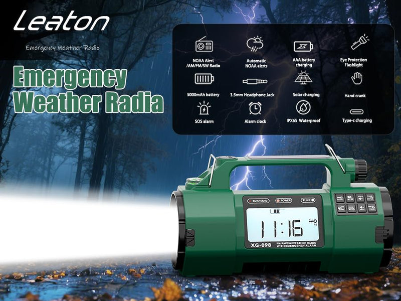 Emergency NOAA Weather Alert Radio, 5000mAh AM/FM Portable Radio with Solar, Hand Crank & AC Power, Replaceable Battery, Flashlight, SOS Alarm, Clock & Headphone Jack for Home & Outdoor Emergencies green Classic