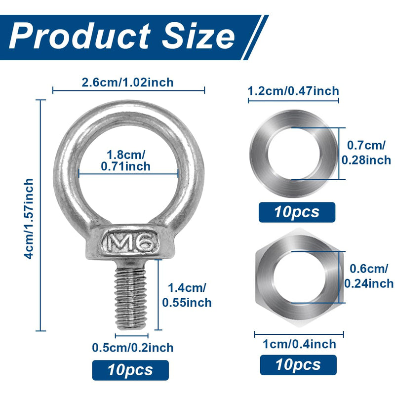 10 Pcs M6 Eye Bolts with Nuts Stainless Steel Lifting Eye Bolt UNC Heavy Duty Marine Grade Shoulder Ring Eyebolt, Eye Bolts with Nuts 1/4
