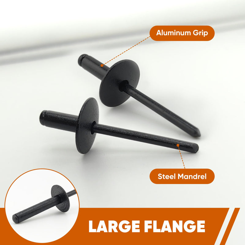 90pcs All Black Large Flange Blind Rivets,3/16 * 3/4" Open End Aluminum Blind Rivets,4.8 * 20 Pop Blind Rivet 3/16"*3/4"