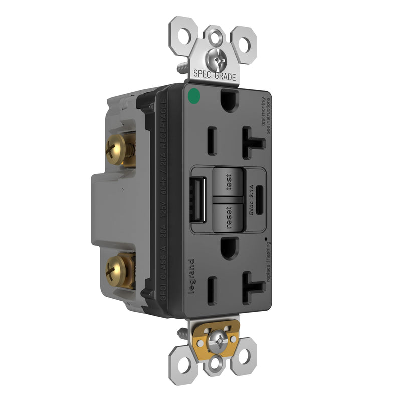 Legrand Pass & Seymour Radiant 20 Amp GFCI Wall Power Outlet with 2.0 Amp USB A/A Charger, Black