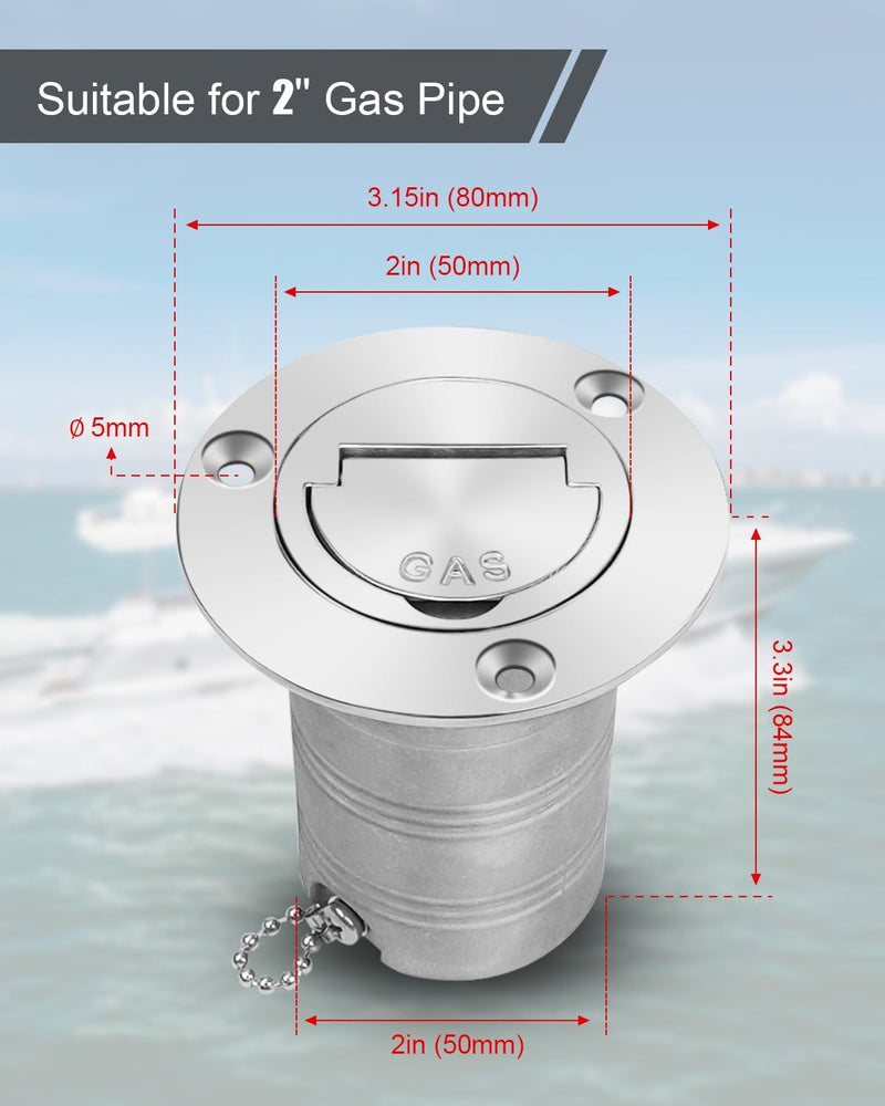 2 inch (50mm) Boat Gas/Fuel Deck Fill/Filler with Keyless Cap with Chain, 316 Stainless Steel Deck Hardware for Marine Boat Yacht Caravan GAS-Straight