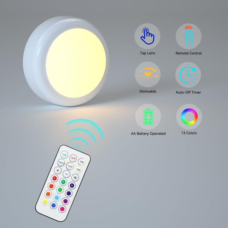 Puck Lights with Remote Control, Battery Operated LED Push Lights Wireless, 13 Color RGB - for Closet, Bedroom Wall, Under Cabinet, Battery Powered Puck Lights. Convenient 3M Stick On, 6 Pack 6-packs White