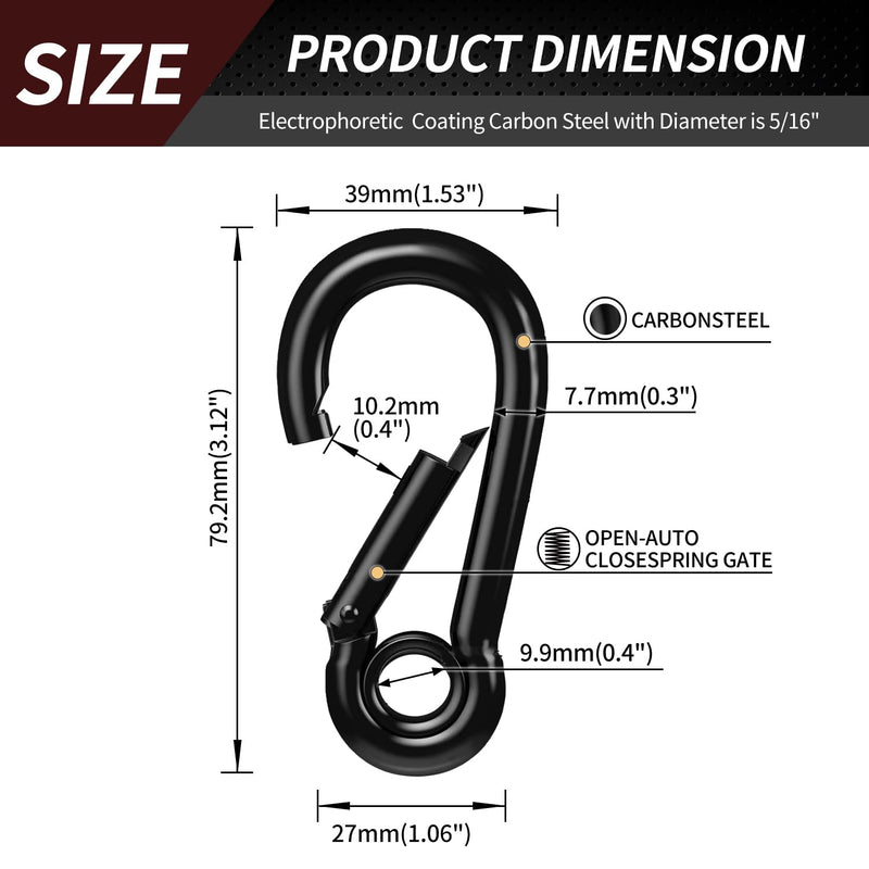 Spring Snap Hooks, Black Carabiner Clip, Heavy Duty Rope Connector, Quick Link Carabiners Spring Snap Hooks for Indoor & Outdoor, Camping, Climbing, Fishing, Hiking 3.15 Inch, 8 Pack