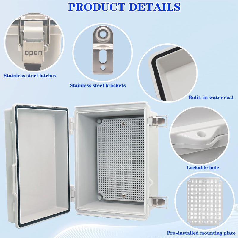 Outdoor Waterproof Electrical Box Junction Box Weatherproof IP67 ABS Plastic Enclosure Switch Router Project Box Electronics DIY Enclosure With Mounting Plate Wall Bracket Grey 8.6"x6.6"x4.3" 8.66" x 6.69" x 4.33"