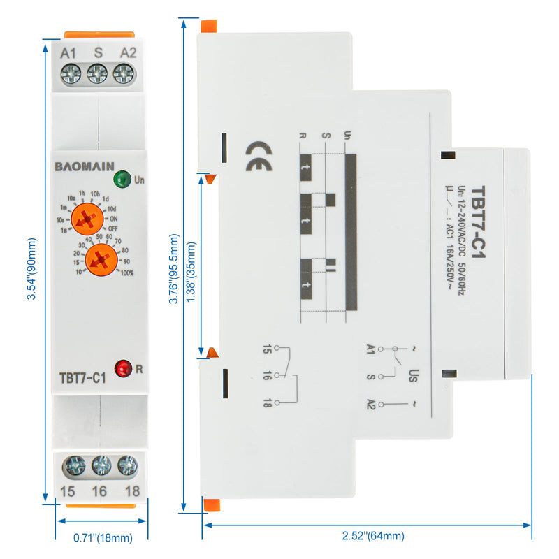Baomain Multi-Function Time Relay, 16A Delay Off SPDT, DIN Rail Mounting Timer Relay TBT7-C1 (1-SPDT, 12-240VAC/DC)