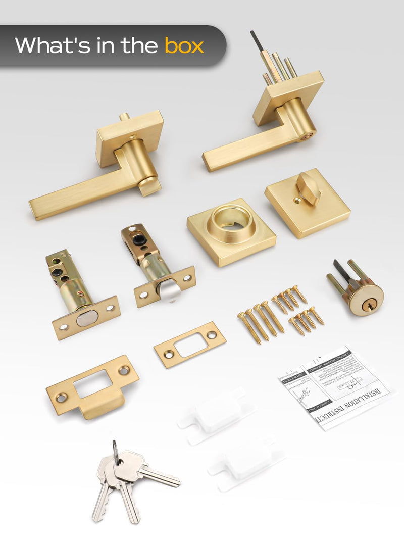 EHOMEWARE 1 Set Entry Door Handle and Single Cylinder Deadbolt Lock and Key Combo Pack - Heavy Duty Square Locking Lever Set - Interior/Exterior Door Levers in Satin Brass Finish Entry Door Lock with Single Deadbolt Cylinder
