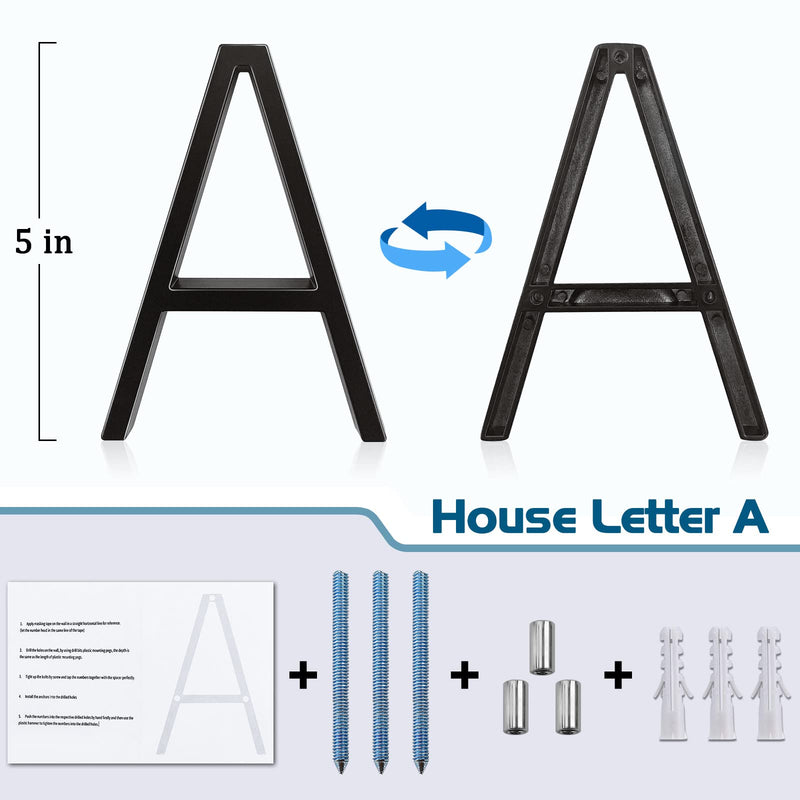 5" Metal Floating House Numbers,Ranslen Black Zinc Alloy Solid Modern House Address Number,Anti-Rust House Numbers Decorative Address Sign for Door Garden Mailbox with Nail Kit,Coated Black,Letter(A) Black Letter A