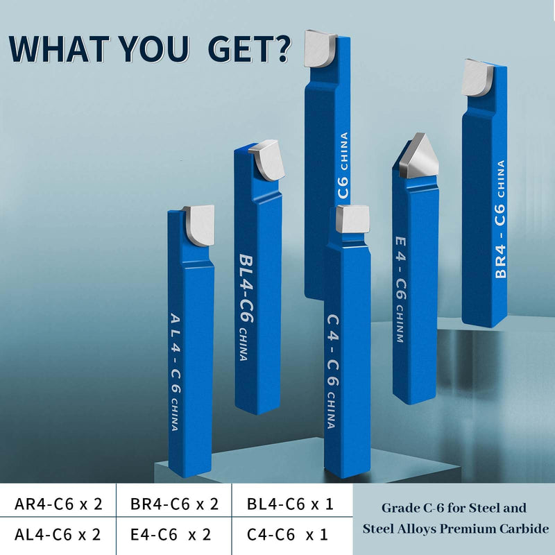 10PCS 1/4" Metal Lathe Tooling Carbide Tip Tipped Cutter Tool,C6 Bit Cutting Set,for Metal Lathe Turning, Boring, and Chamfering